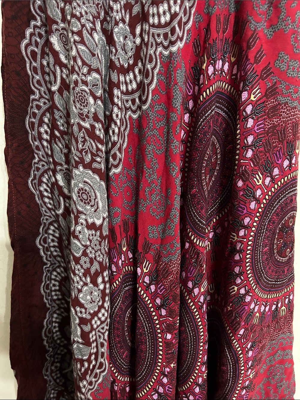 Tie-Waist & Elastic Burgundy Patterned Maxi Skirt Boho Style Youth Small - Picture 7 of 8